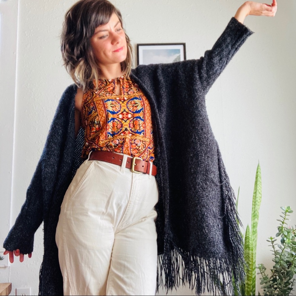Vintage charcoal fringe sweater/shawl